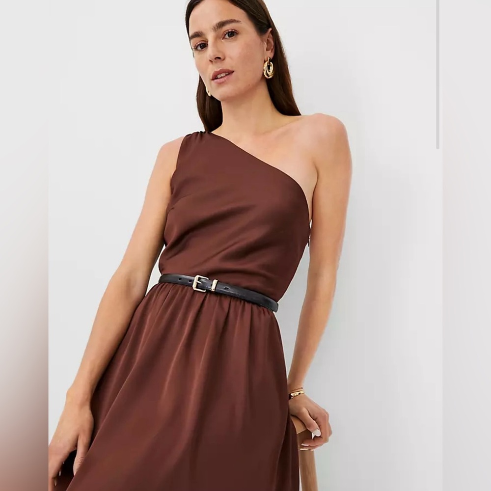 Ann Taylor One Shoulder Brown Midi Dress. NWT.